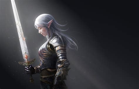 Download Woman Warrior White Hair Sword Pointed Ears Elf Armor Fantasy Women Warrior 4k Ultra Hd