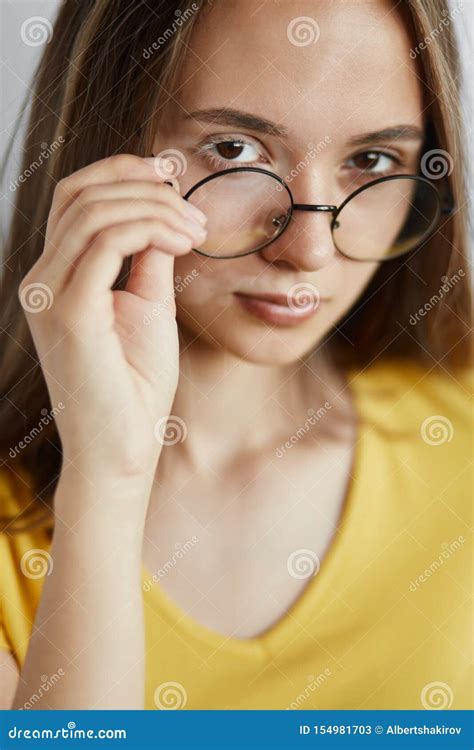 Beautiful Attractive Girl In Round Glasses Looking At The Camera Stock Image Image Of Health