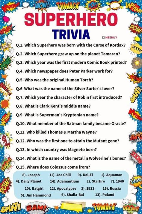 Each test is free to take and includes questions, answers and fully explained solutions. 100+ Superhero Trivia Questions & Answers - Meebily