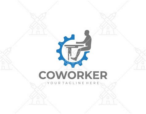 Workplace Logo Design Worker Sits At The Table In The Gear Wheel