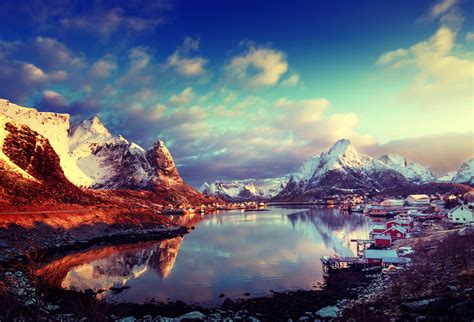 763159 4k Norway Houses Scenery Mountains Lake Sky Lofoten