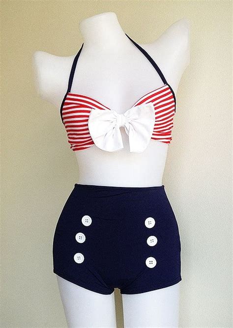 Vtg S Bettie Women Two Piece Bikini In Navy Blue Retro Vintage Sailor