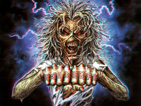 Eddie, iron maiden's mascot, first appeared with the band after their stage manager at the time (dave beasly) designed a head that was placed above the drummer at concerts and periodically spat blood through it's mouth. Iron Maiden's Eddie 3-D by MVRamsey on DeviantArt