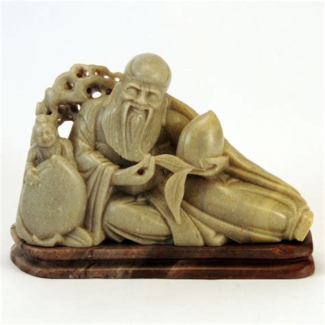 Carved Chinese Soapstone Sitting A Boy And Both Holding Peaches Katoomie