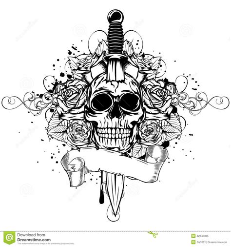Tatouage tête de mort rouge et verte avec une rose. Skull dagger rose stock vector. Illustration of blossom - 42842365
