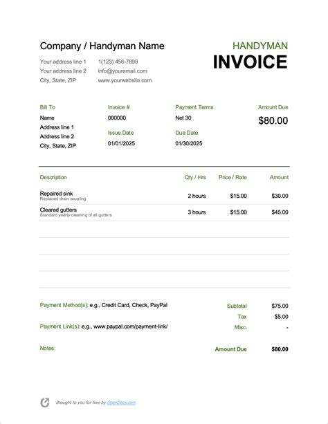 Free Handyman Invoice Template Pdf Word Excel