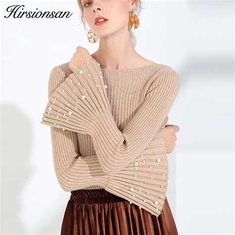 hirsionsan autumn winter pullovers women 2018 flare sleeve pearls beading jumper casual knitted