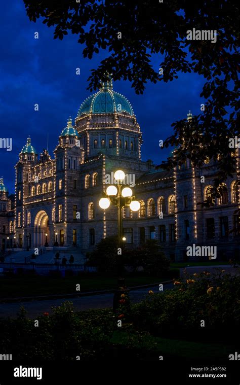 Victoria British Columbia Canada Parliament Building At Night Stock