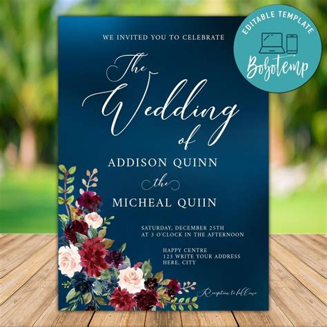 Printable Burgundy Floral Dark Blue Wedding Invitation Diy