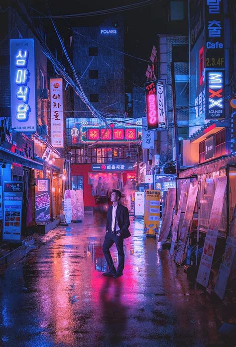 Seoul Cyberpunk Neon Night Urban City Lights Travel Glow