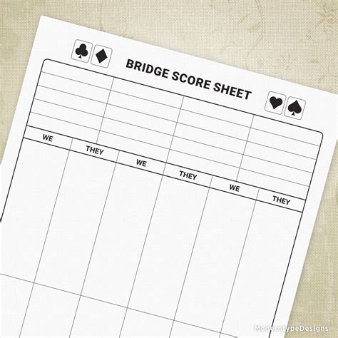 Bridge Game Score Sheets Printable Digital Download Chart Gam005