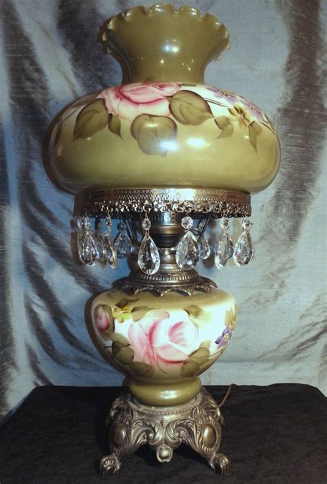 Large Vintage Gwtw Hurricane Lamp With Hand Painted Flowers Crystal Prisms Crystal Prisms