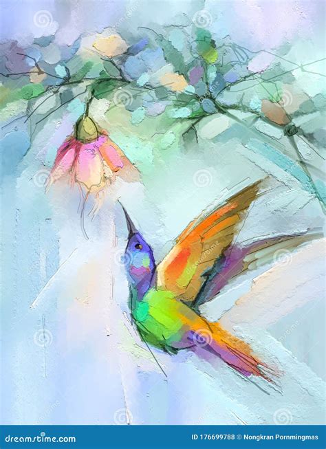 Abstract Colorful Oil Acrylic Painting Of Bird Hummingbird And Spring