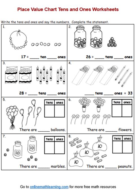 Place Values Tens And Ones Worksheets First Grade Printable Answers