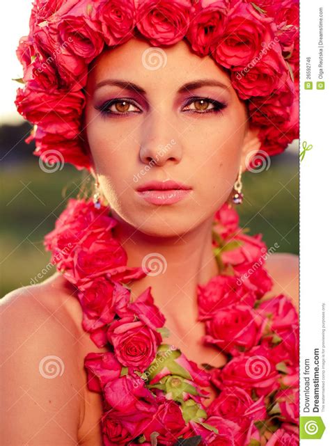 Beautiful Woman And Pink Roses Crown With Garland Royalty