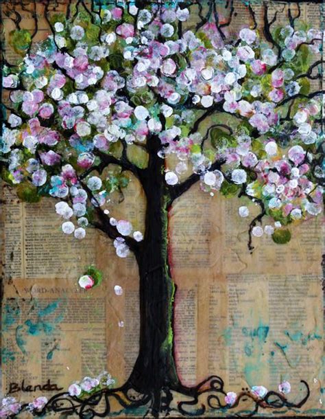 Original Mixed Media Painting Cheery Blossom Tree Spring Tree Art