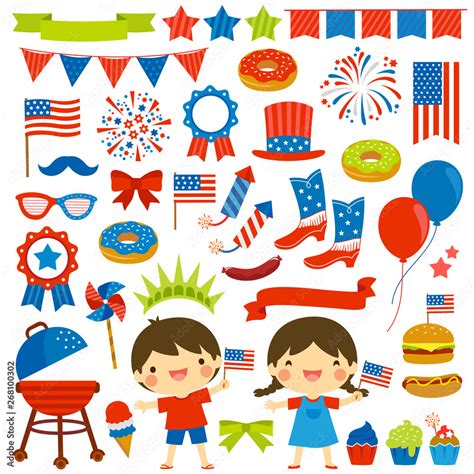 4th Of July Clip Art Set With Various Items And Two Kids Stock Vector
