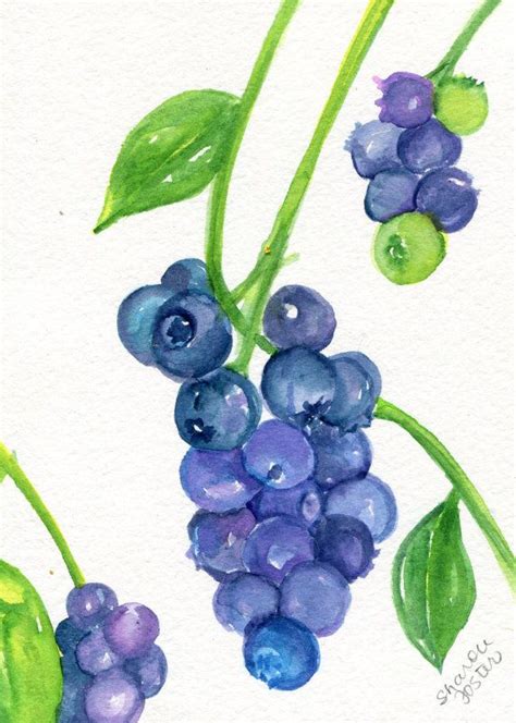Watercolor Painting Of Blueberries And Green Leaves