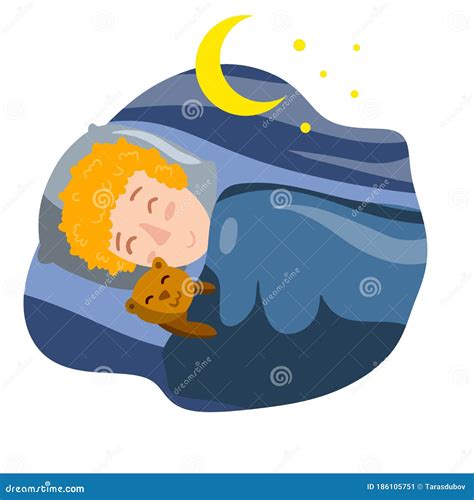 Boy Sleep With Teddy Bear In Bed With Blanket Stock Vector