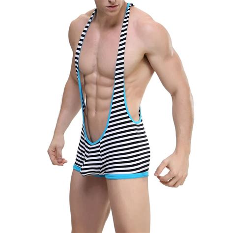Sexy Undershirt Striped Underwear Men Bodysuit Mankini Jockstrap Wrestling Singlet Gay Bodysuits