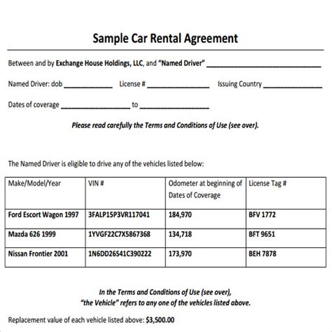 Car Rental Agreement Template Free