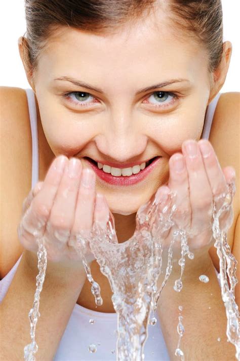Young Caucasian Girl Washing Face With Water Stock Photo Image Of