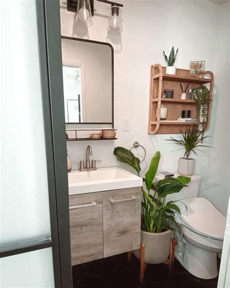 Neutral Bathroom With Rattan Shelf And Plants Soul Lane