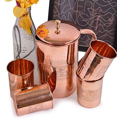 Buy Dungri India Pure Copper Pitcher Jug With 4 Pure Copper Embossed Style Tumbler Glass