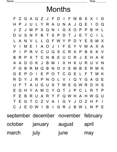 Months Word Search Wordmint