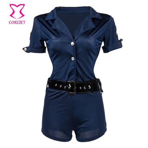 Blue Plus Size Police Costume Adult Cosplay Sexy Women Rompers And