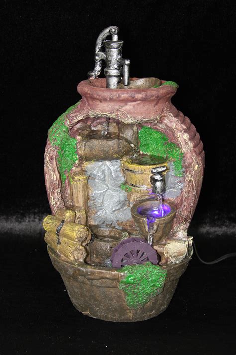Clay Pot Waterfall Fountain With Working Water Wheel Color Changing