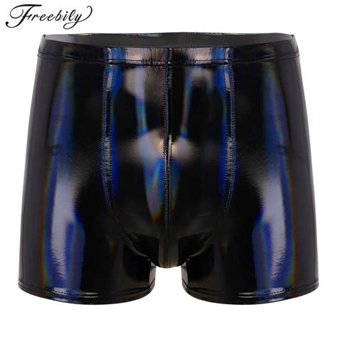 Men Patent Leather Shorts Boxer Brief Wetlook Latex Underpants Trunks