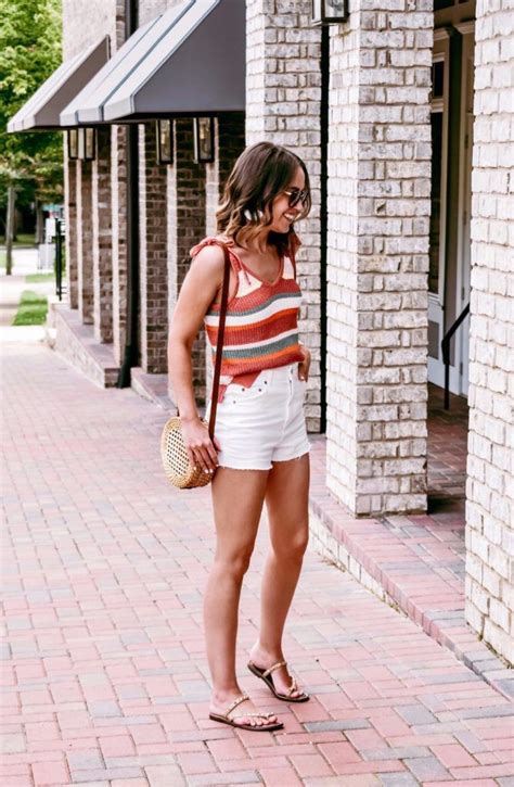 Casual Summer Outfit Sweater Tank Top White Denim Shorts Neutral