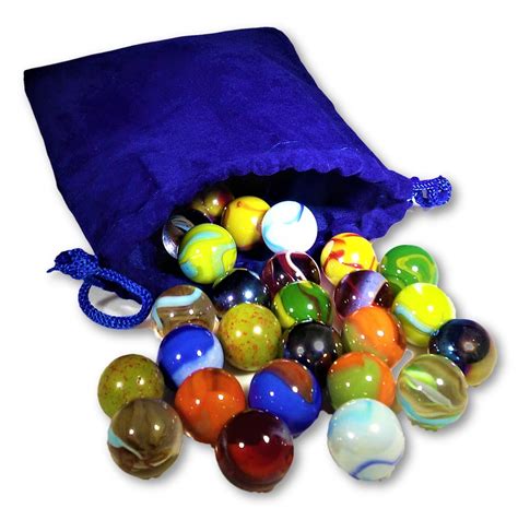 Mega Fun Set Of 25 Glass Player Marbles In Blue Velveteen Bag Assorted