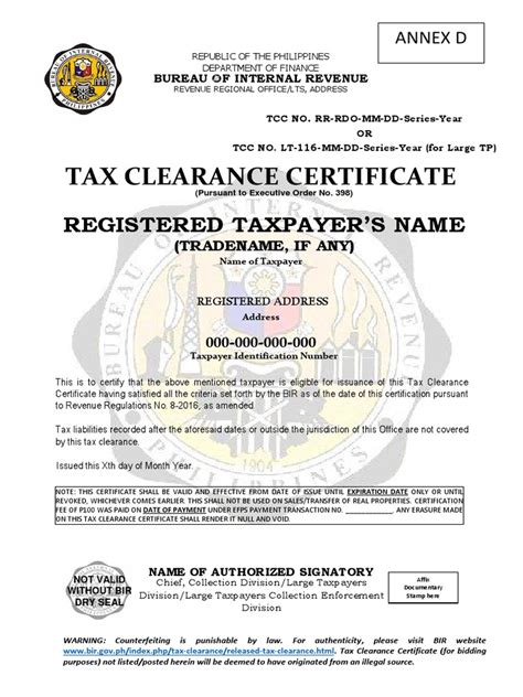 Verification Of Tax Compliance Tax Clearance Certificate Issued By The