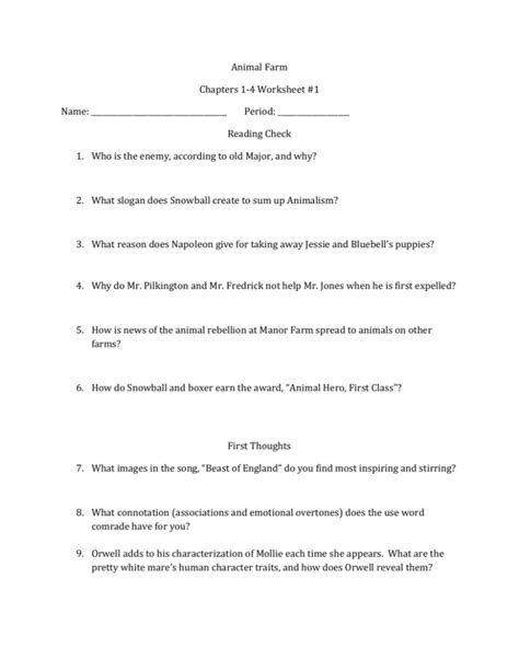 Animal Farm Chapters 1 4 Worksheet 1 Name Period Reading