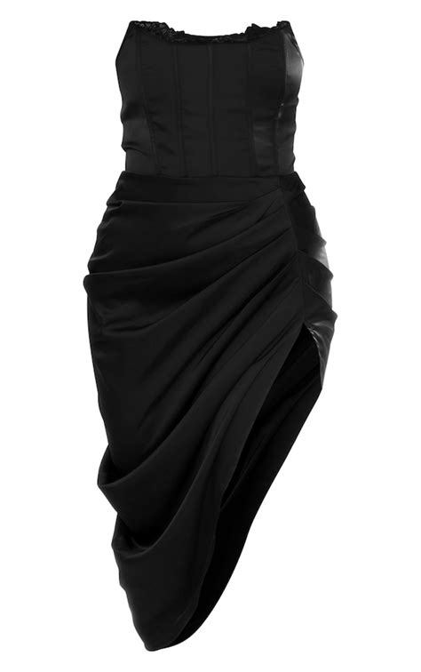Black Black Lace Trim Corset Satin Midi Dress Prettylittlething