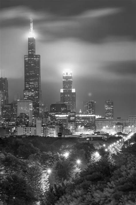 Chicago Skyline At Night In Black And White Photograph By
