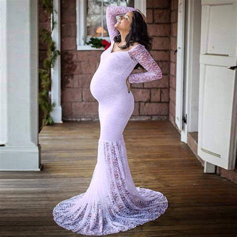New Fashion Maternity Dress For Photo Shoot Maxi Gown Shoulderless Lace
