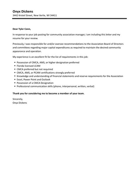 Community Association Manager Cover Letter Velvet Jobs