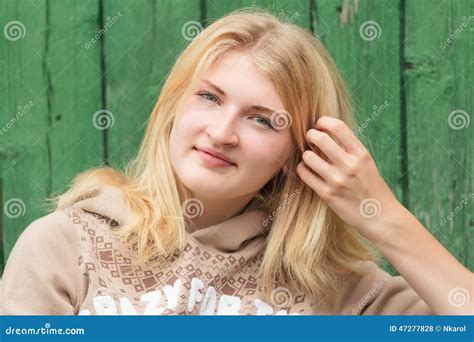 Portrait Of Smiling Green Eyed Blonde Girl Stock Photo Image Of