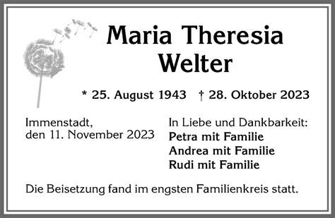 Traueranzeigen Von Maria Theresia Welter Augsburger Allgemeine Zeitung