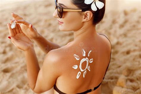 Woman Apply Sun Cream On Tanned Back Skin And Body Care Sun Protection Stock Image Image Of