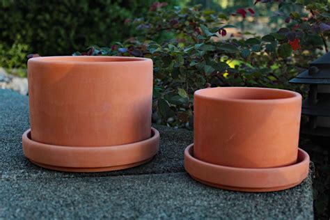 Set Of 2 Natural Terracotta Round Fat Walled Garden Planters With Indi