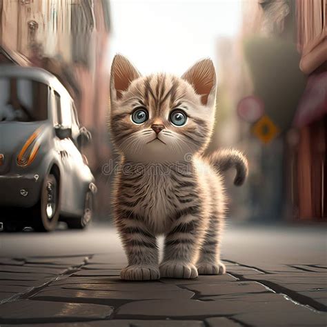 Cute Baby Cat On City Street Ai Generated Illustration Stock