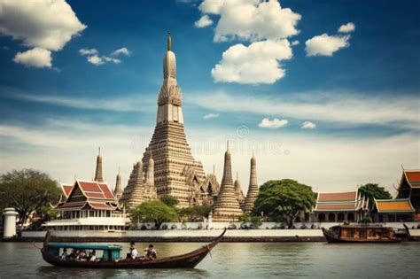 Wat Arun During The Day With Blue Sky With Long Tail Boat In Bangkok