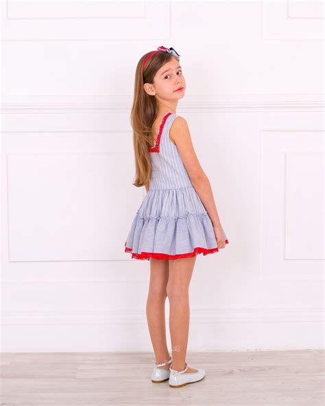 Dolce Petit Girls Denim Blue And White Striped Dress With Red Lace Missbaby