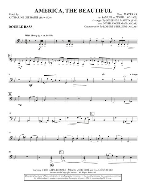 America The Beautiful Double Bass Sheet Music David Angerman