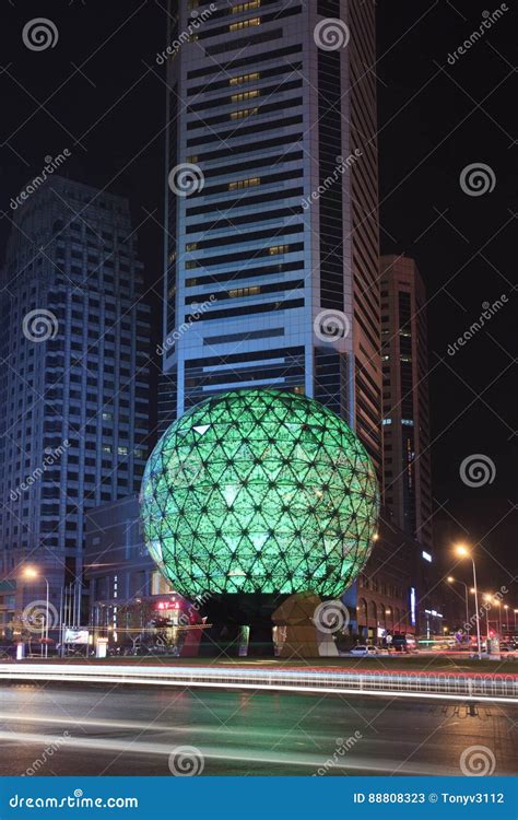 Illuminated Globe At Friendship Square At Night Dalian China
