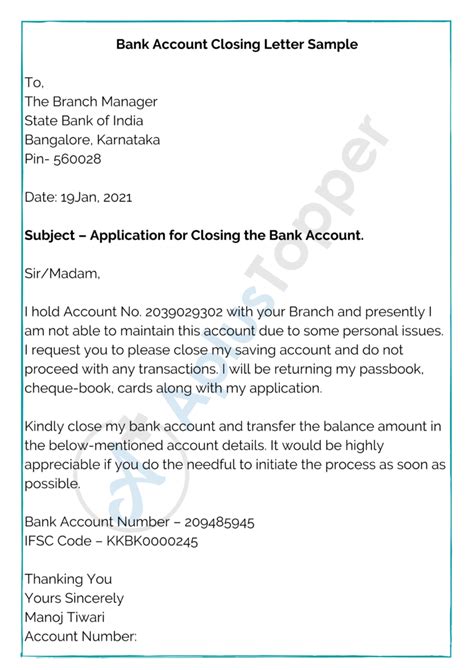 Dear sir, with reference to the above, i/we would request you to arrange closing of my/our a/c no. Bank Account Closing Letter | Format, Sample and How to Write a Bank Account Closing letter? - A ...